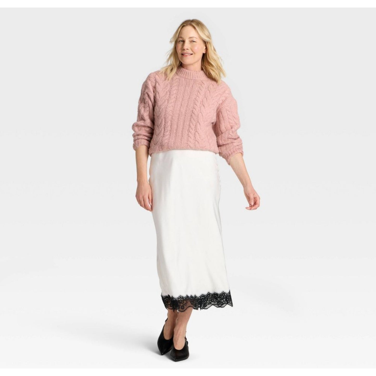 Women's Long Sleeve Cabled Tunic Sweater - A New Day Pink M