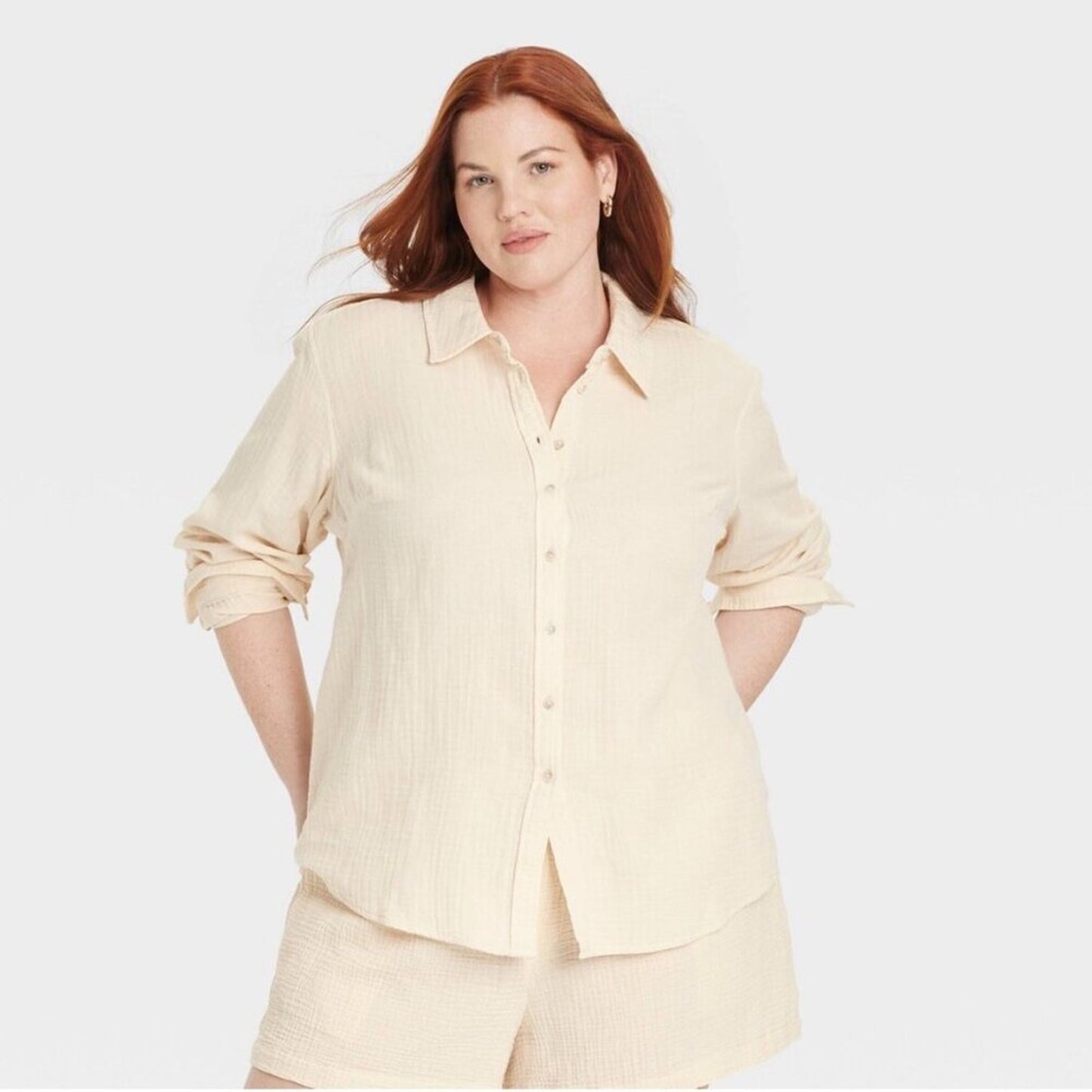 2X Gauze Long Sleeve Collared Button-Down- Universal Thread Cream Cotton Blend