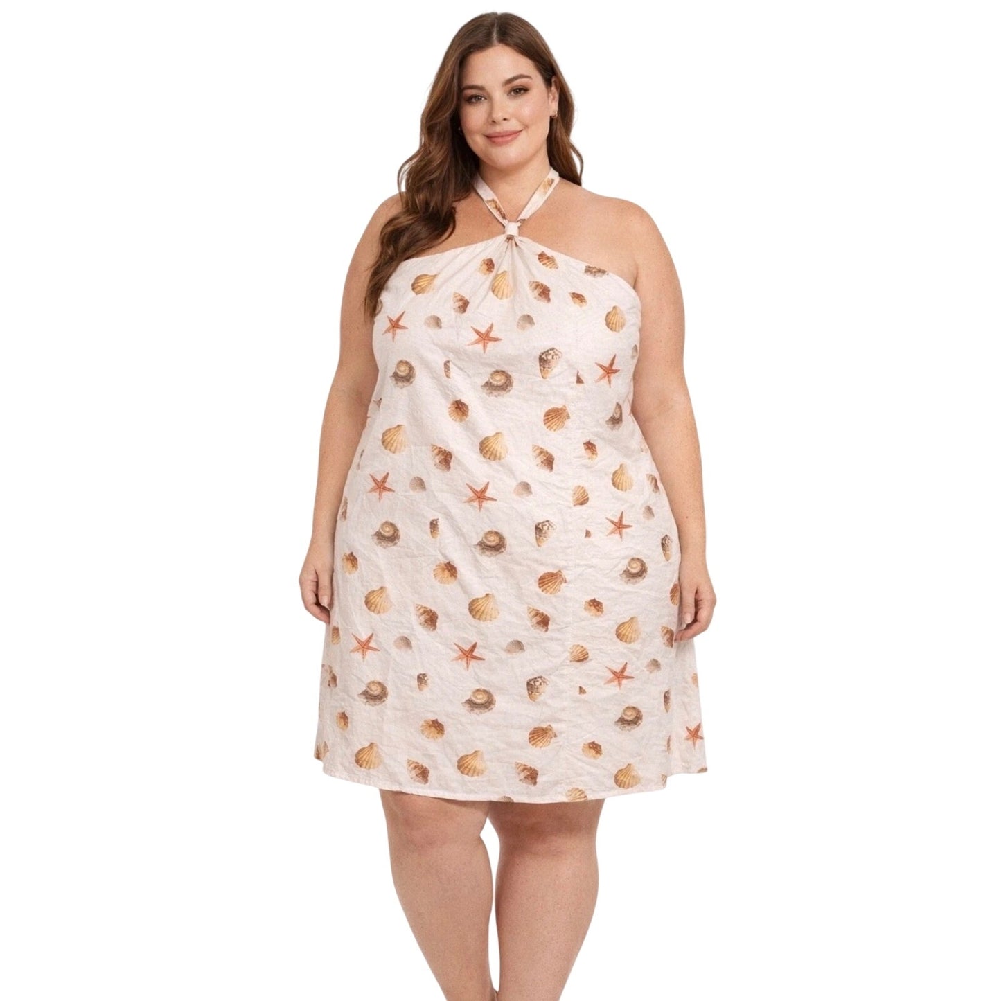 Wild Fable Halter Dress XXL – Shells & Starfish Print, Rayon/Linen, Back Zipper