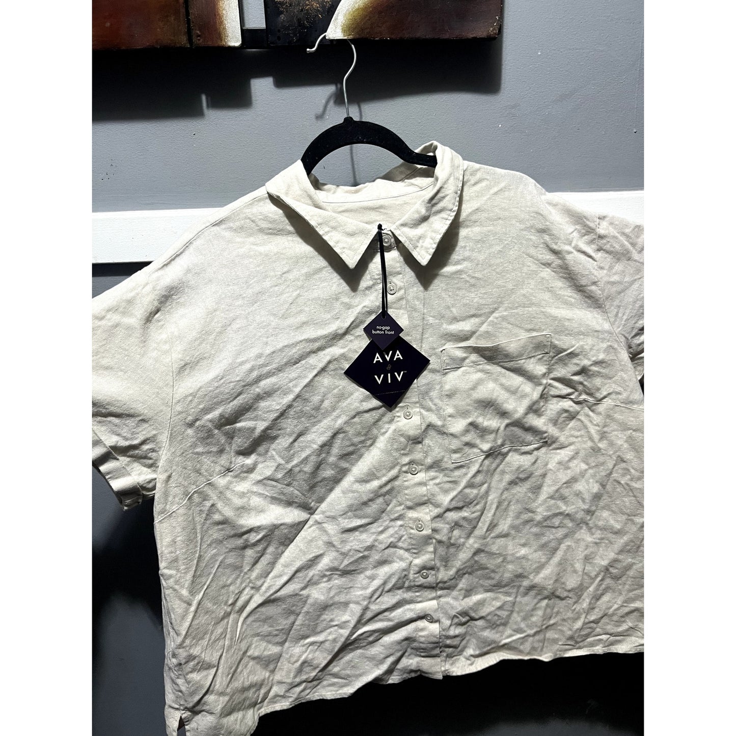 Ava & Viv Camp Shirt Women Plus Sz 1X Tan Linen Cap Sleeve Pocket Lagenlook New