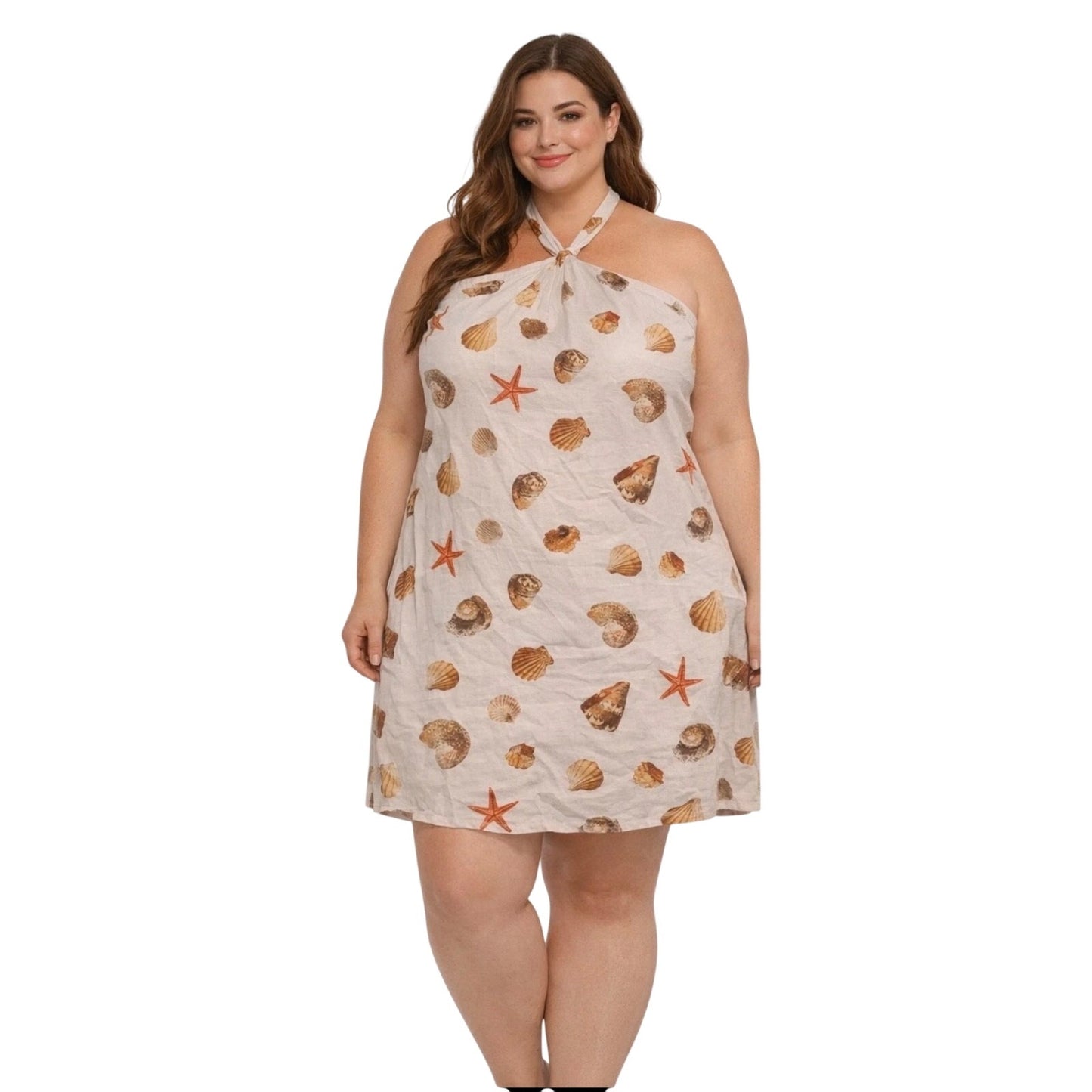Wild Fable Halter Dress XXL – Shells & Starfish Print, Rayon/Linen, Back Zipper