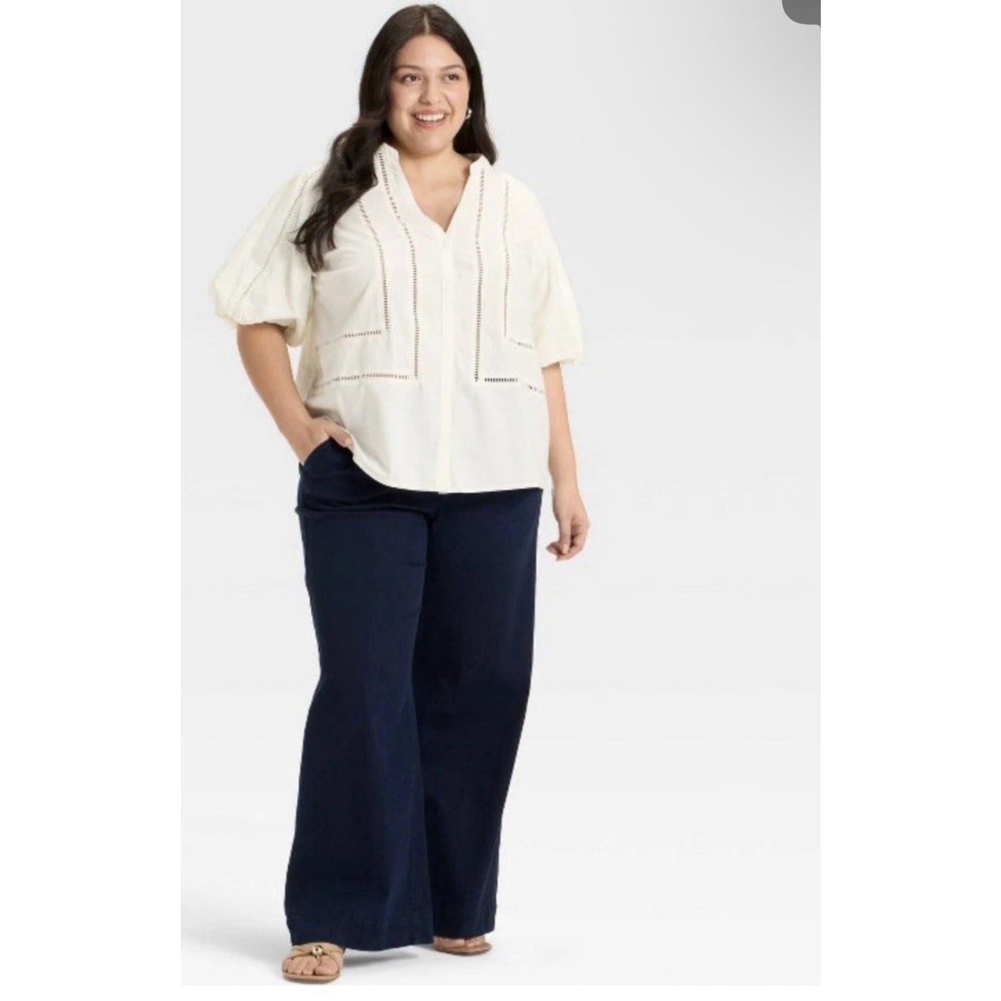 3X New Women's Balloon Elbow Sleeve V-Neck Button-Down Shirt - Ava & Viv Cream