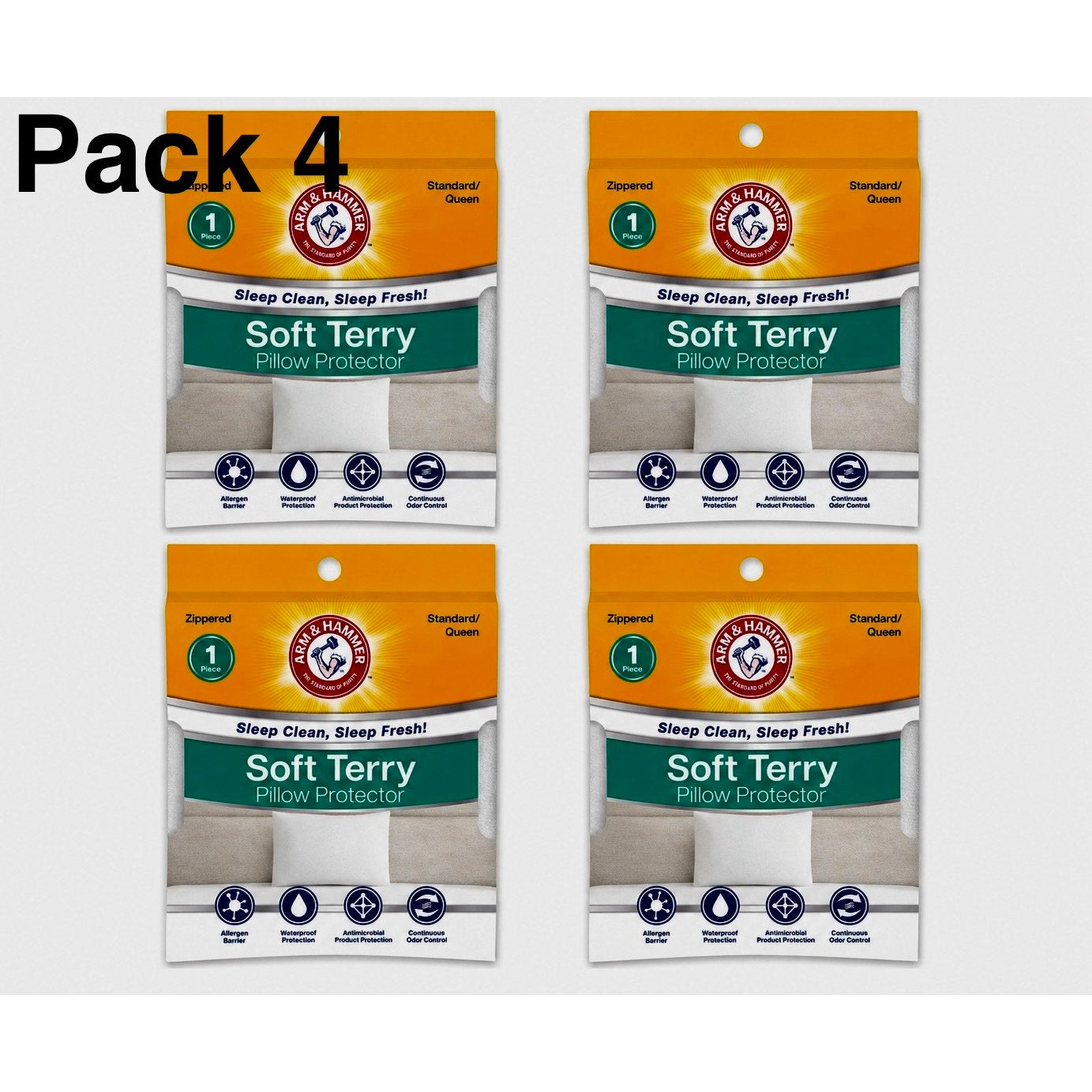 Pack 4 Arm & Hammer Standard/Queen Soft Terry Pillow Protector