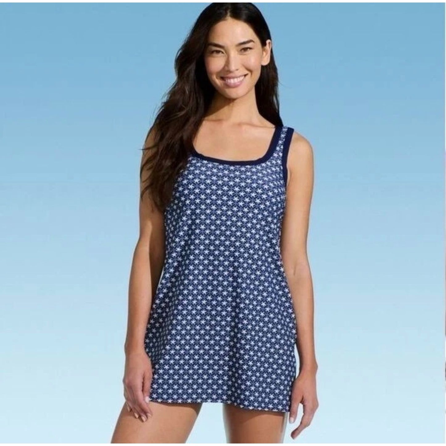 Lands' End Blue Geo Floral Print Swim Dress w/ Attached Shorts -- Medium 10-12