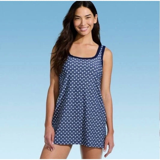 Lands' End Blue Geo Floral Print Swim Dress w/ Attached Shorts -- Medium 10-12