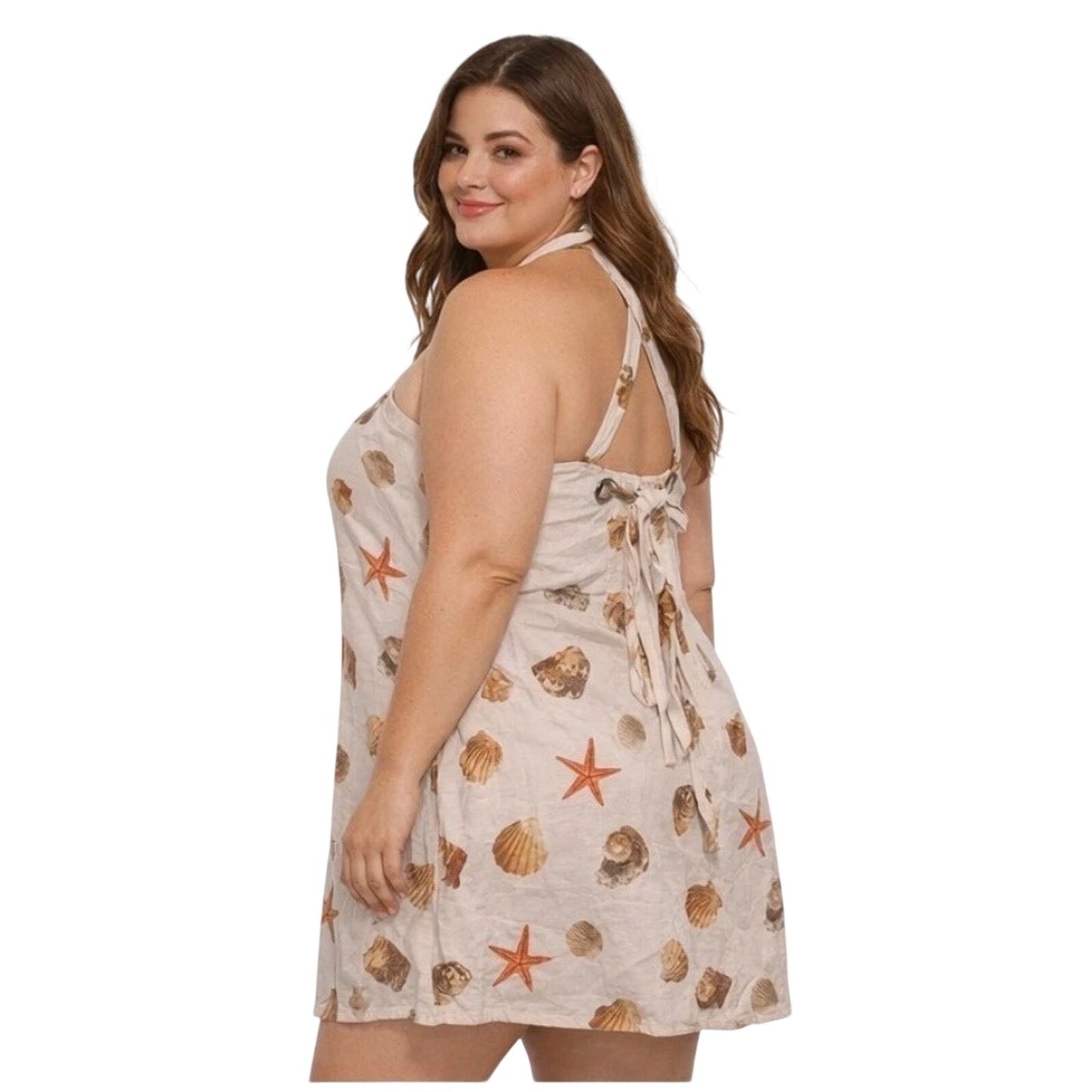 Wild Fable Halter Dress XXL – Shells & Starfish Print, Rayon/Linen, Back Zipper