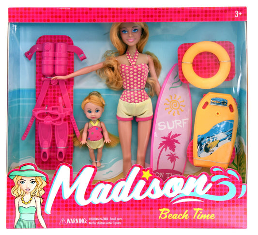 Madison Beach Time Set with 11" Swim Doll, Baby Sister & Swim Accessories in window box