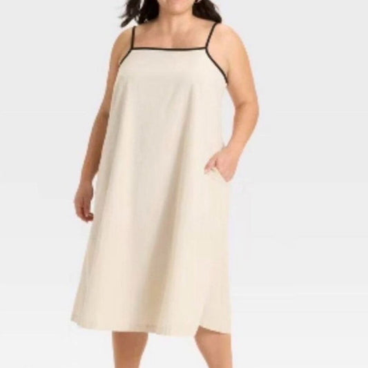 Women’s 4X dress smoked A line flowy boho dress in oatmeal color black trim NWT