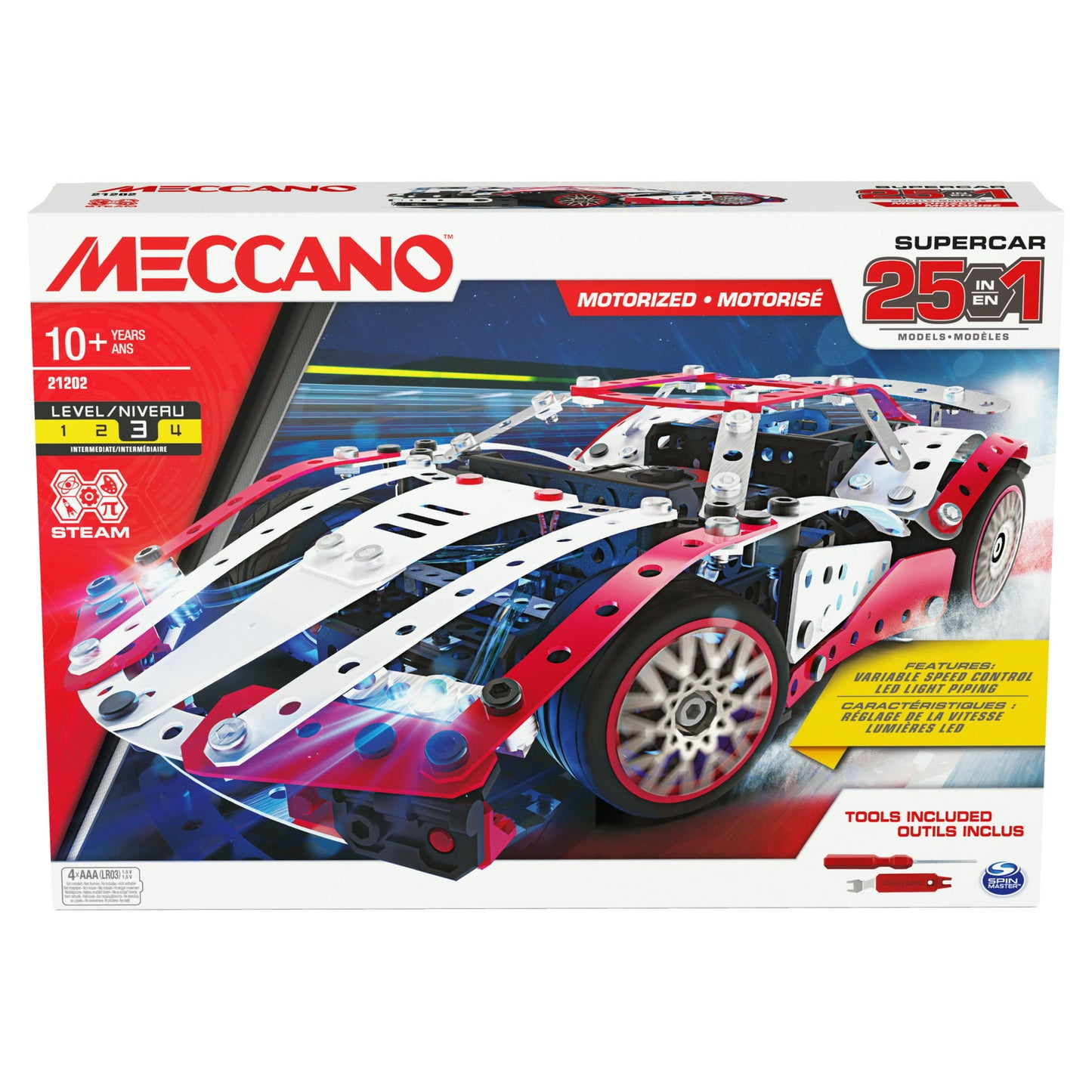 Meccano, 25-in-1 Motorized Supercar STEM Model Building Kit with 347 Parts, Real Tools and Working Lights, Kids Toys for Ages 10 and up