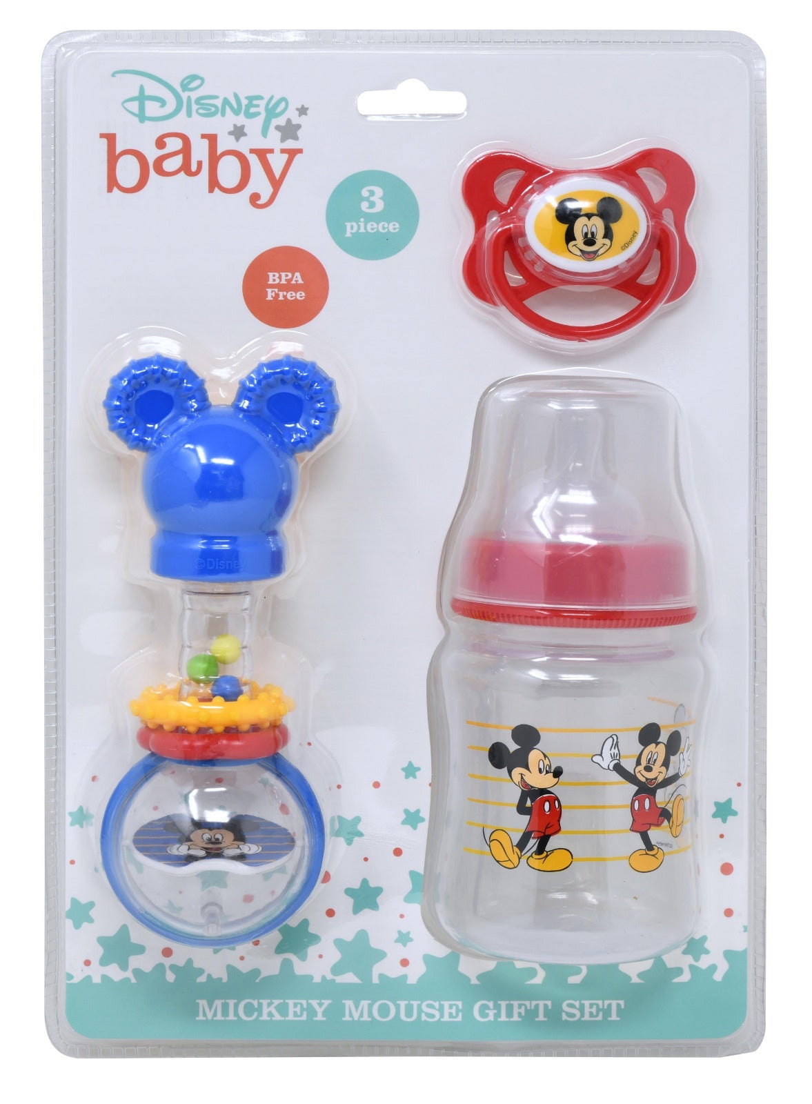 Mickey 3pc Baby Set on Card Rattle, Pacifier,Baby Bottle