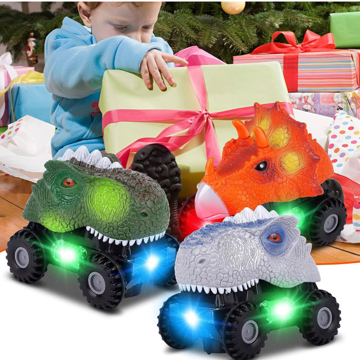 Figoal - Paquete de 3 autos de dinosaurio con luz LED, sonido de dino, juguetes de automóvil, regalos de automóviles, vehículos de animales para niños y niñas