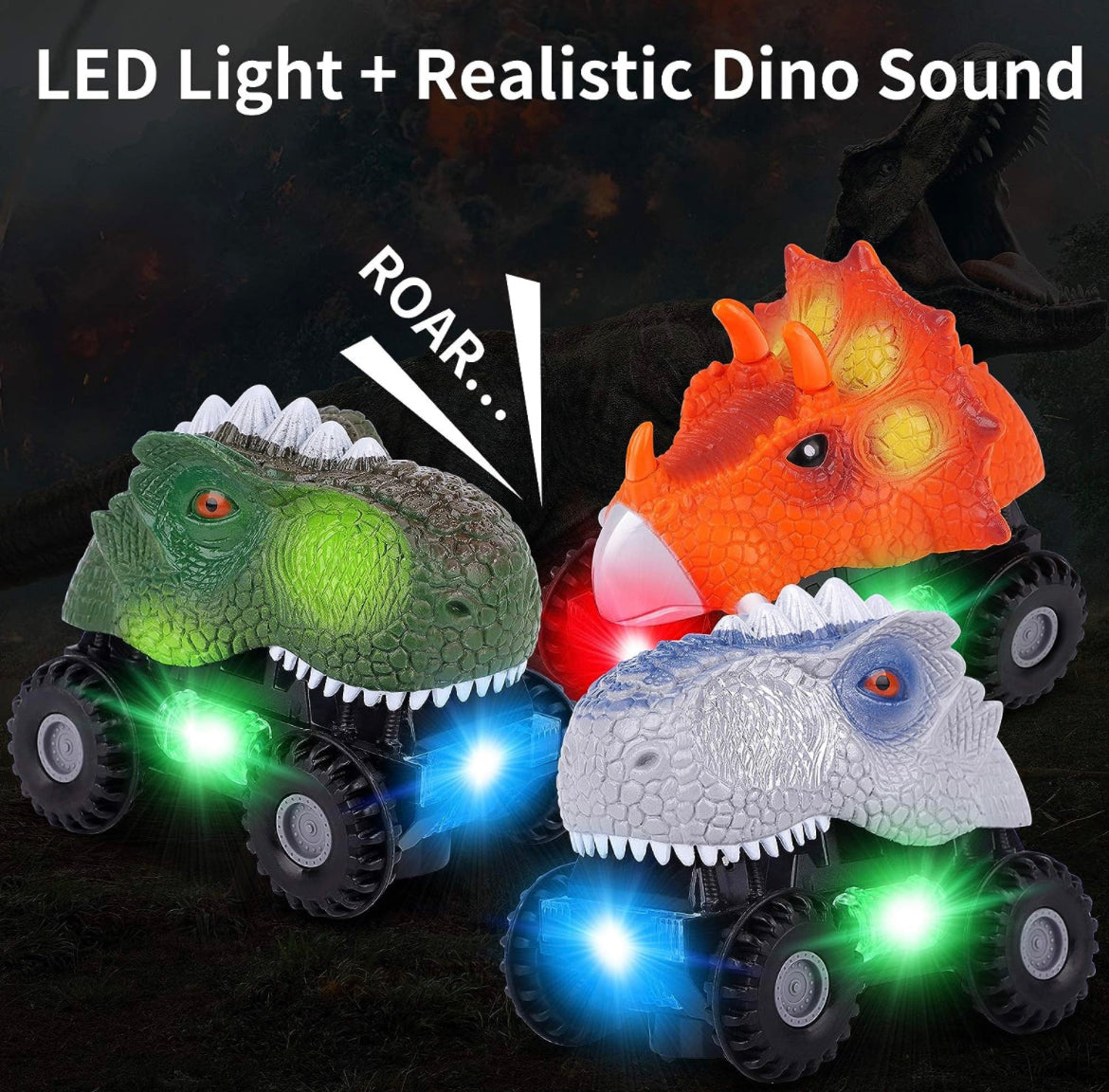 Figoal - Paquete de 3 autos de dinosaurio con luz LED, sonido de dino, juguetes de automóvil, regalos de automóviles, vehículos de animales para niños y niñas