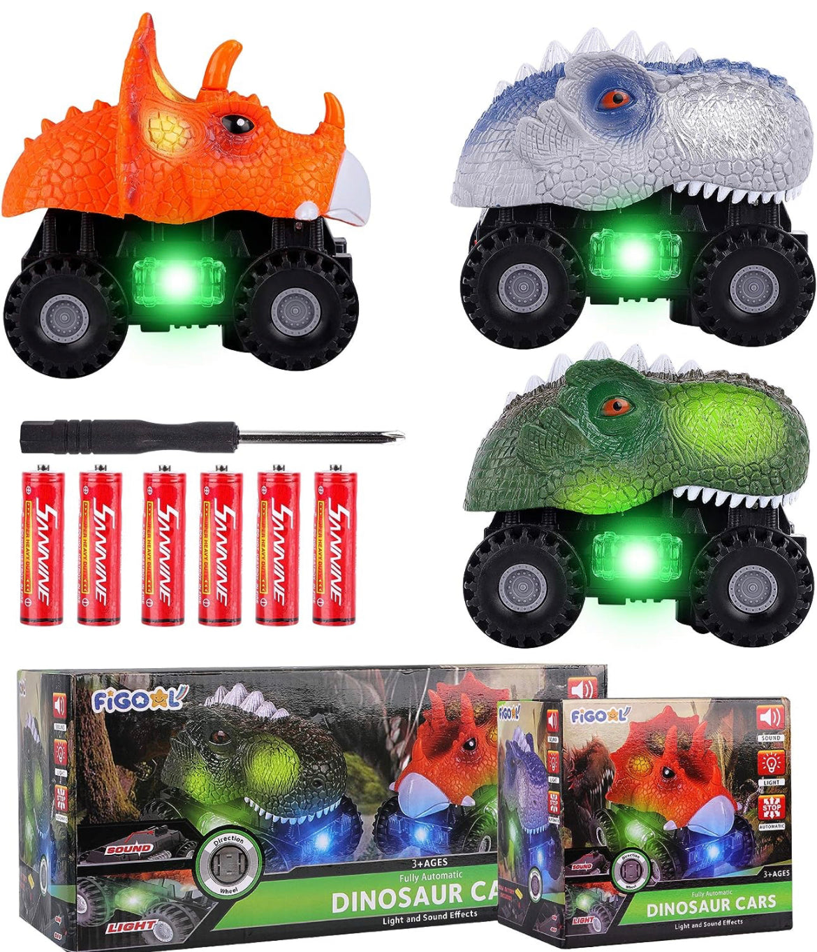 Figoal - Paquete de 3 autos de dinosaurio con luz LED, sonido de dino, juguetes de automóvil, regalos de automóviles, vehículos de animales para niños y niñas