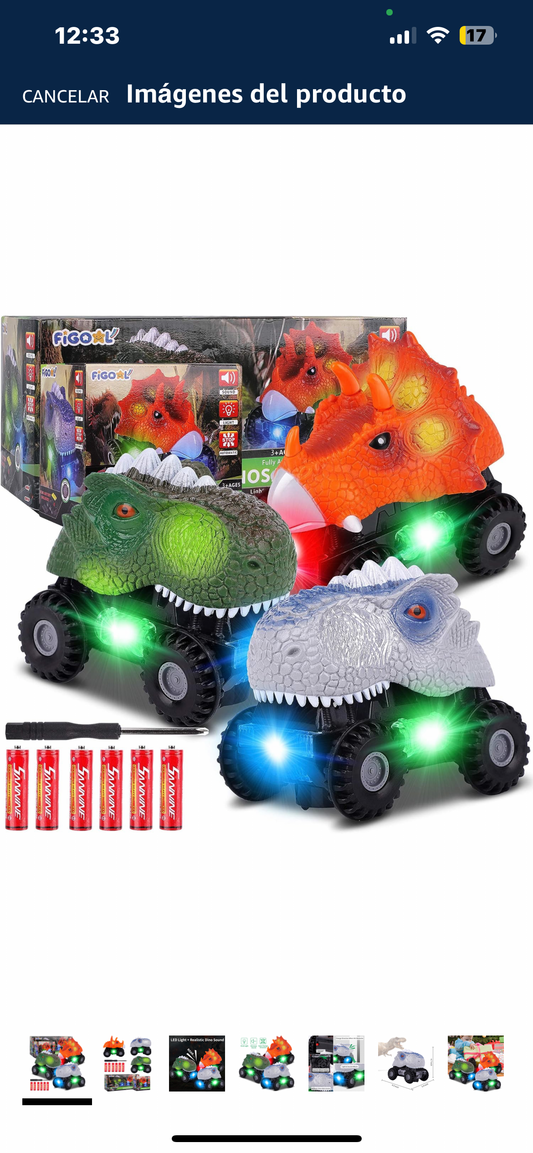 Figoal - Paquete de 3 autos de dinosaurio con luz LED, sonido de dino, juguetes de automóvil, regalos de automóviles, vehículos de animales para niños y niñas