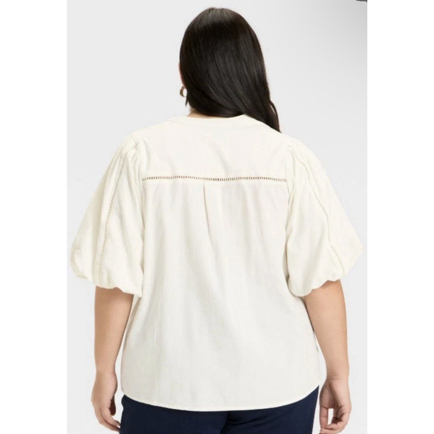 3X New Women's Balloon Elbow Sleeve V-Neck Button-Down Shirt - Ava & Viv Cream