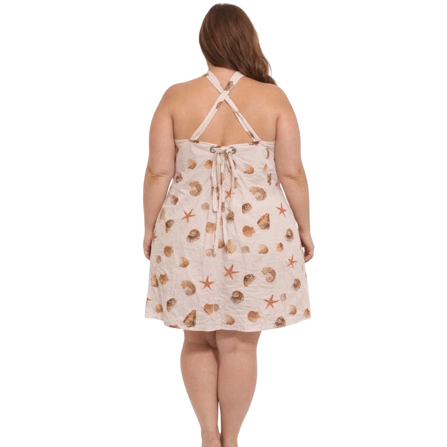Wild Fable Halter Dress XXL – Shells & Starfish Print, Rayon/Linen, Back Zipper