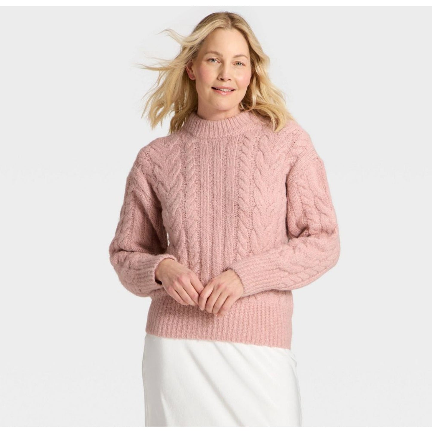 Women's Long Sleeve Cabled Tunic Sweater - A New Day Pink M