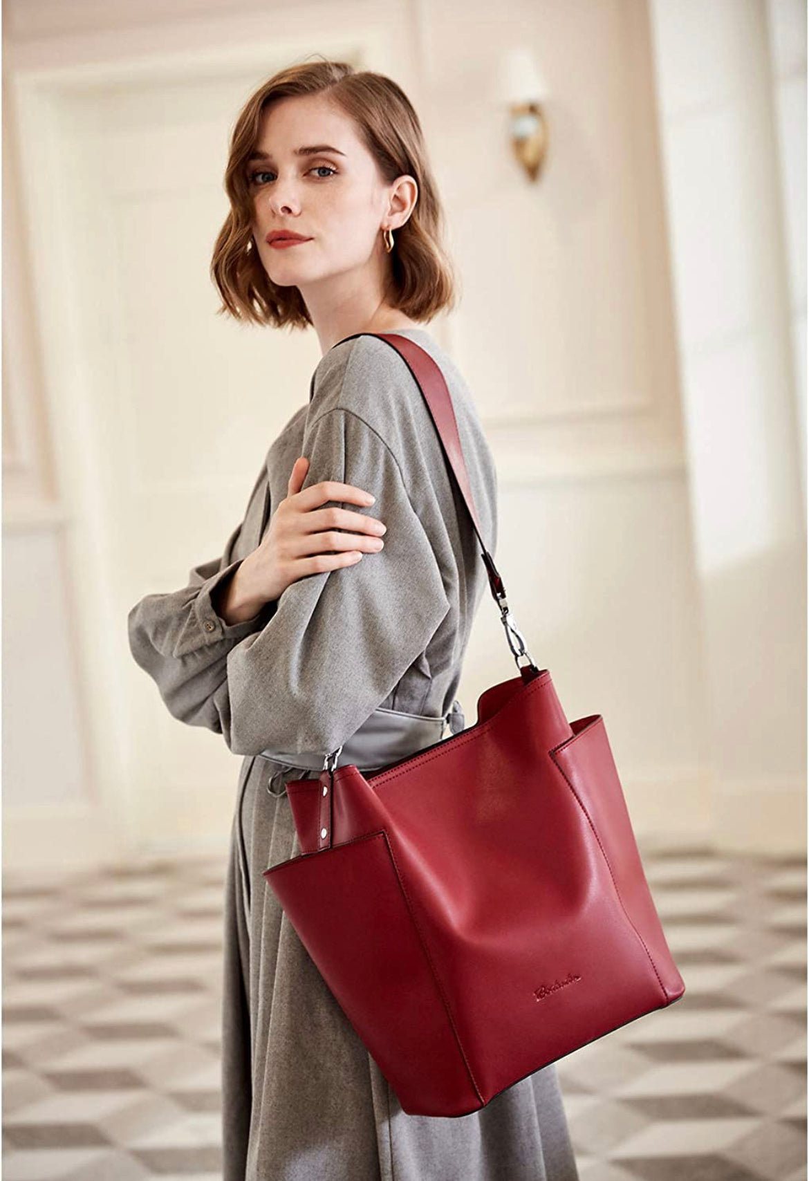 Bolsa de cuero genuino estilo tote, para colgar al hombro; incluye bolsa tipo clutch