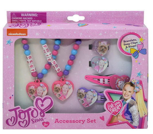 Jojo Siwa Accessory Set Includes: 2 beaded bracelets w/charm, 2 snap clips, 2 rings