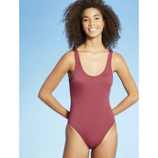 Womens Simple Textured One Piece Swimsuit - Sea Angel Wine M New