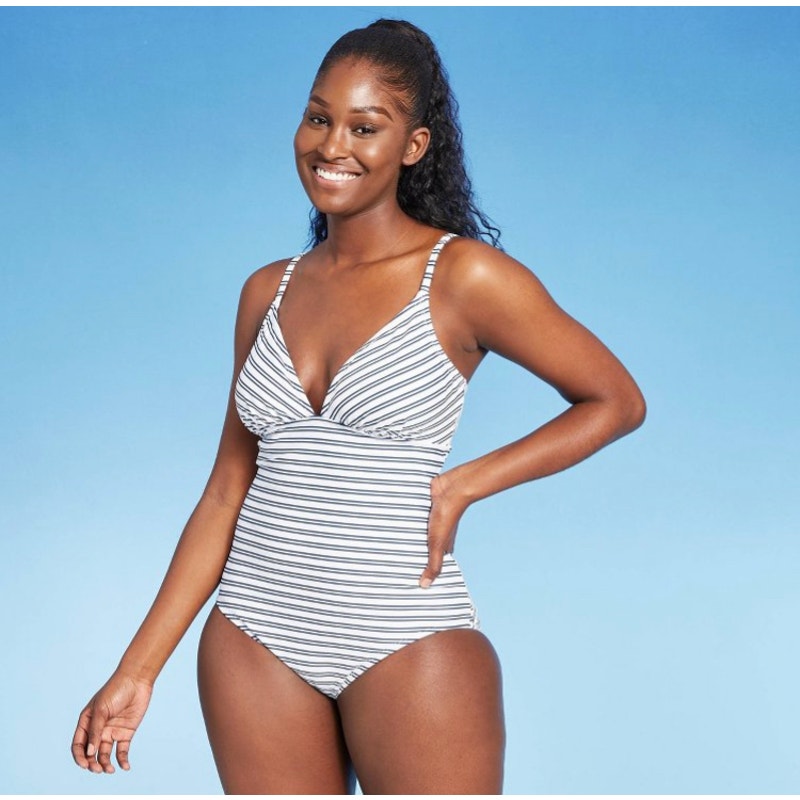 Women's Triangle High Coverage One Piece Swimsuit White/Blue Kona Sol Size M