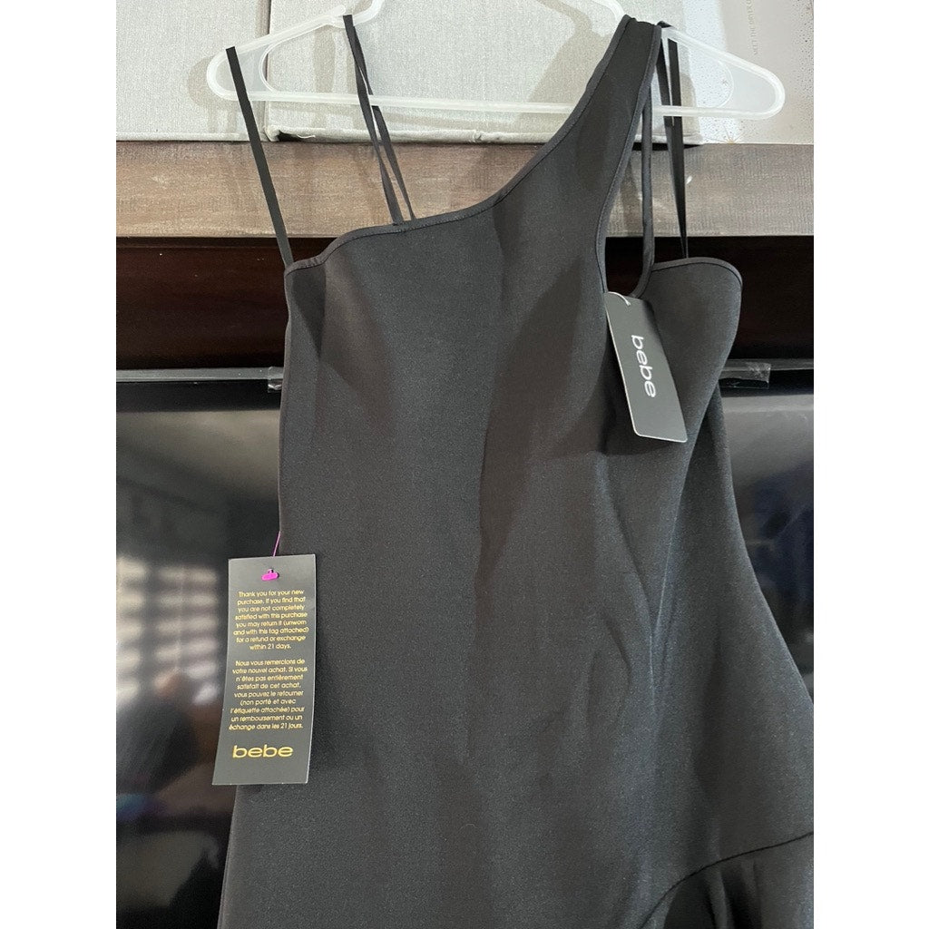 BEBE ASYMETRICAL SCUBA RUFFLE DRESS XS BLACK