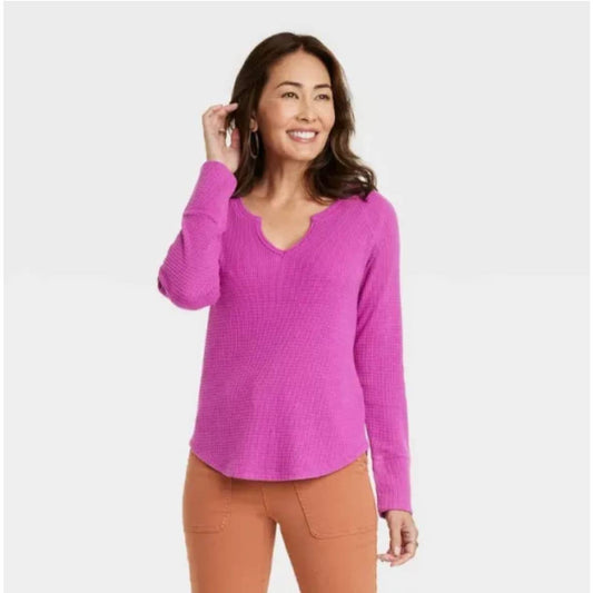 Women's Long Sleeve Notch Neck Thermal Top - Knox Rose Berry Purple XXL