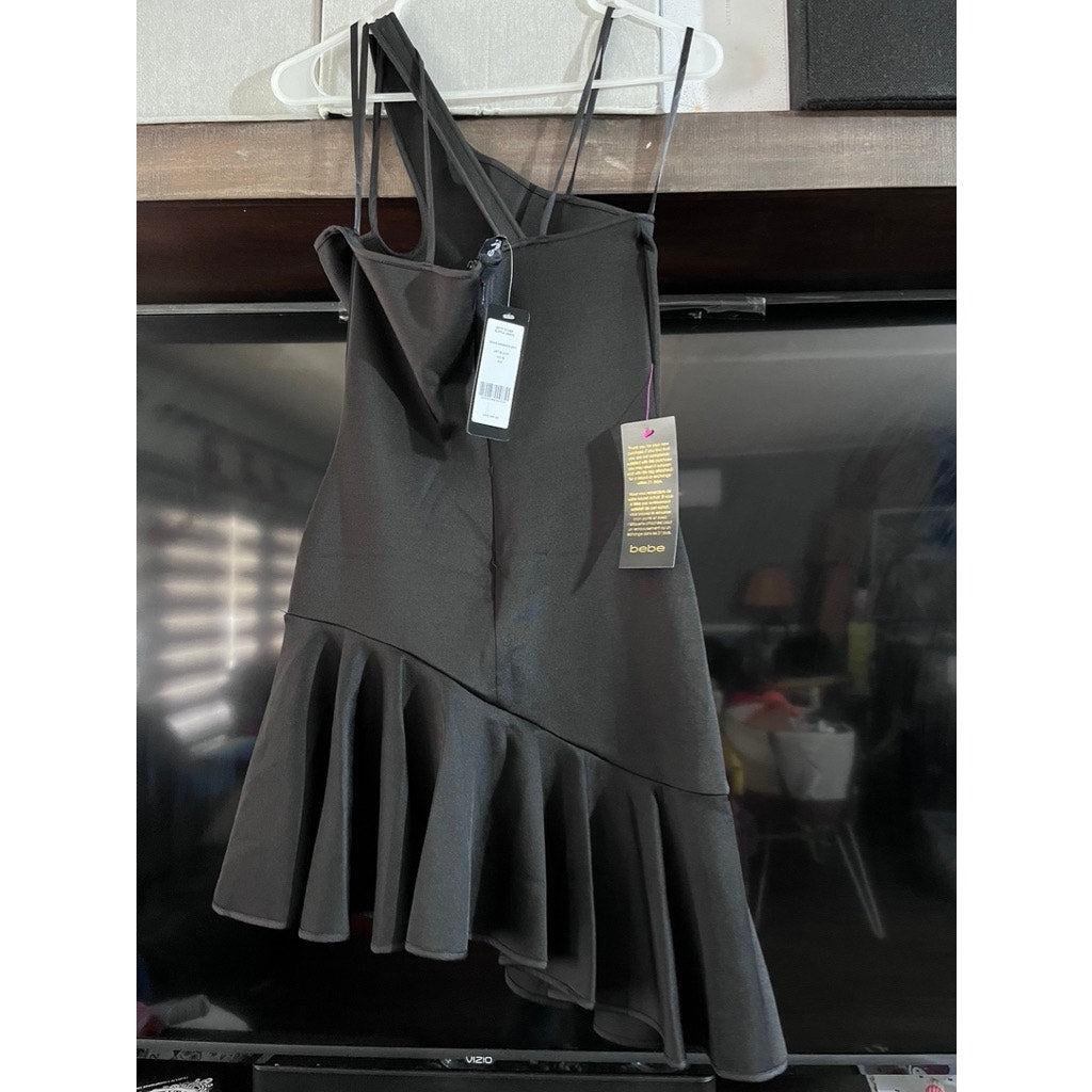 BEBE ASYMETRICAL SCUBA RUFFLE DRESS XS BLACK