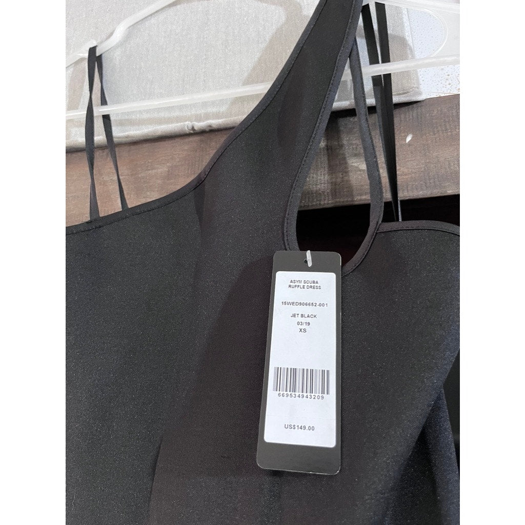 BEBE ASYMETRICAL SCUBA RUFFLE DRESS XS BLACK