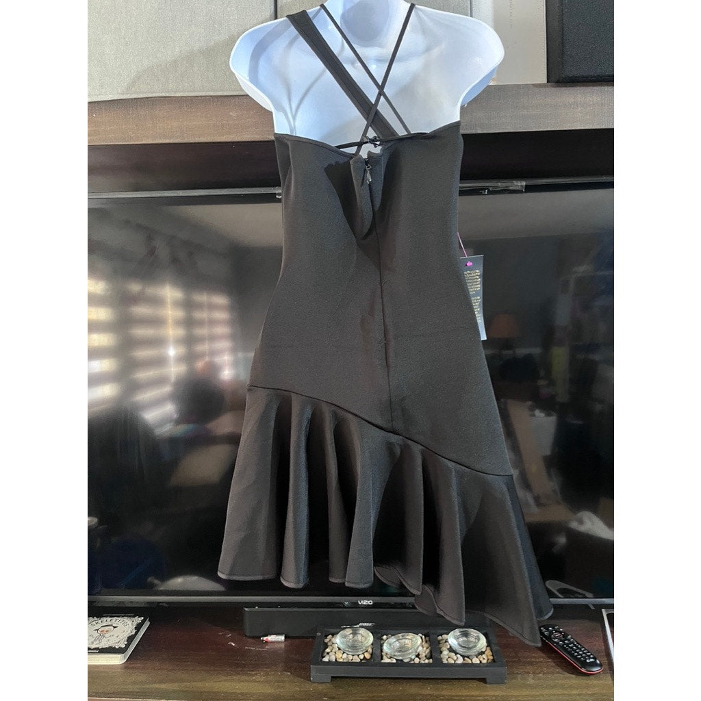 BEBE ASYMETRICAL SCUBA RUFFLE DRESS XS BLACK