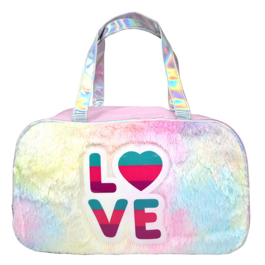 Soft Furry Front Duffle Bag w/Shiny PVC LOVE Patch,