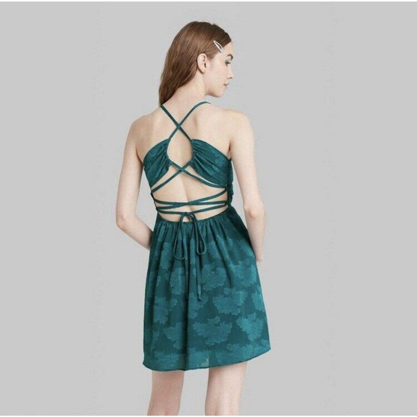 Sleeveless Open Back Ruched Skater Dress Deep Teal Wild Fable Size S