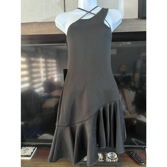 BEBE ASYMETRICAL SCUBA RUFFLE DRESS XS BLACK